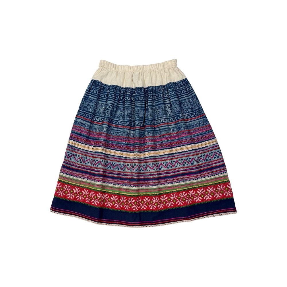 Lucky Brand Boho Embroidered Cotton Midi Skirt Blue Red Pink Striped Medium